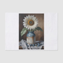 White sunflower in vase decoupage tissue paper