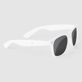 White sunglasses with dark lenses on a light grey