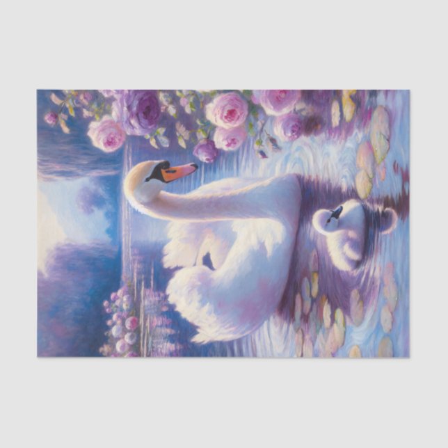 White Swan and Cygnet Purple Roses Decoupage Tissue Paper (Front)