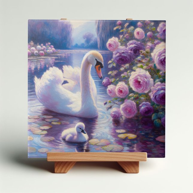 White Swan and Cygnet with Purple Roses Ceramic Tile (Creator Uploaded)
