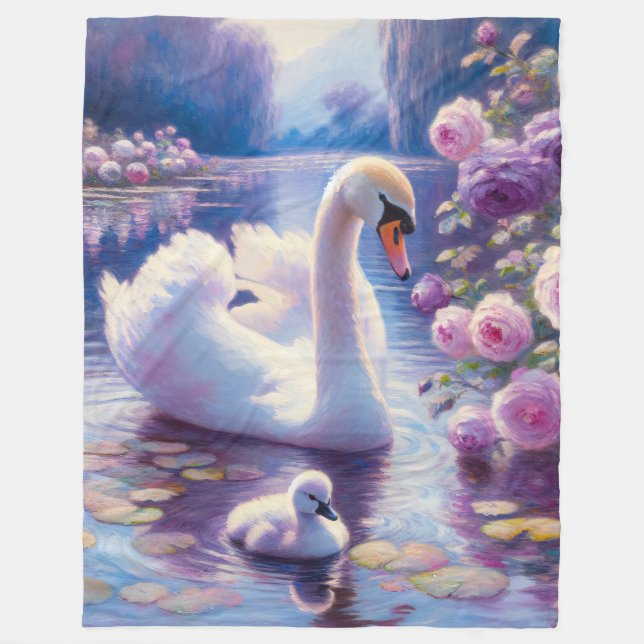 White Swan and Cygnet with Purple Roses Fleece Blanket (Front)