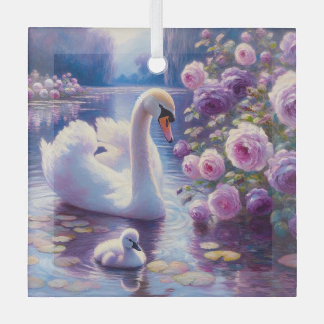 White Swan and Cygnet with Purple Roses Glass Tree Decoration (Front)