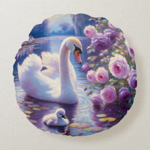 White Swan and Cygnet with Purple Roses Round Cushion