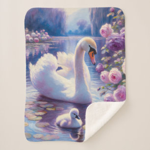 White Swan and Cygnet with Purple Roses Sherpa Blanket
