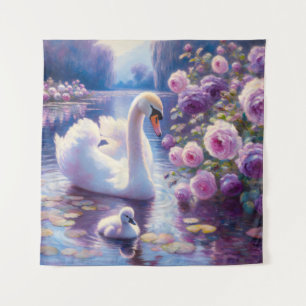 White Swan and Cygnet with Purple Roses Tapestry