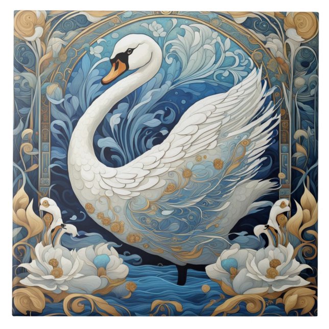 White Swan Art Nouveau Bird Art Deco Blue Ceramic Tile (Front)