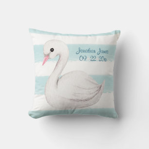 White Swan Blue Script Personalise Boy Birth Cushion