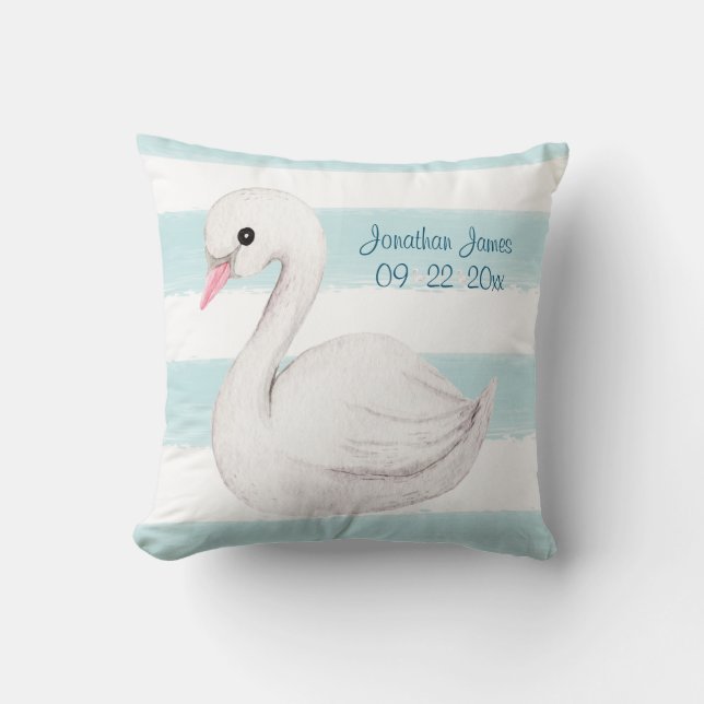 White Swan Blue Script Personalise Boy Birth Cushion (Front)