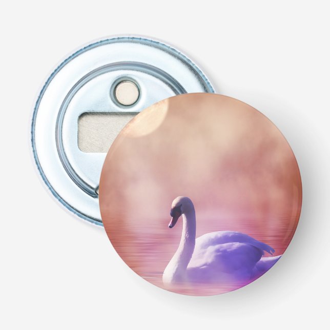 White Swan floating on a misty lake Bottle Opener (Front)