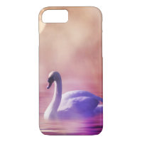 White Swan floating on a misty lake