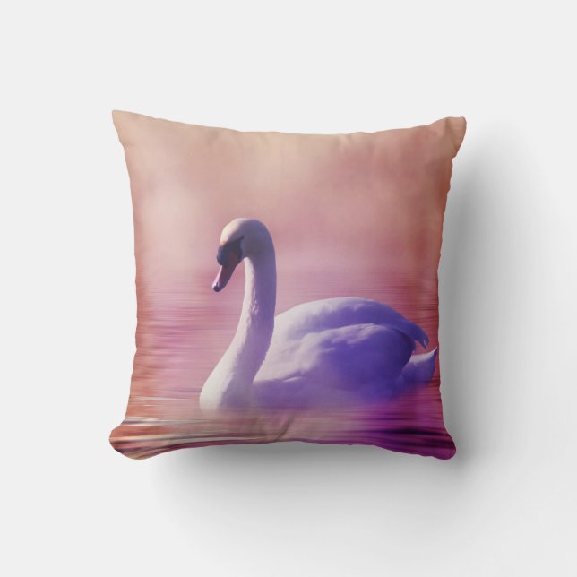 White Swan floating on a misty lake Cushion (Front)