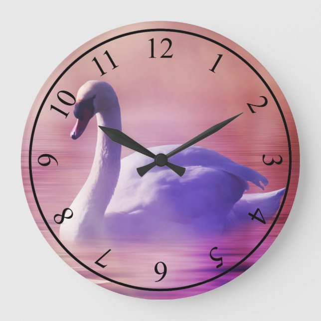 White Swan floating on a misty lake Large Clock (Front)