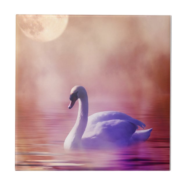 White Swan floating on a misty lake Tile (Front)