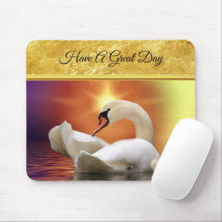 White Swan in a lake with a orange gold sunset Mouse Pad
