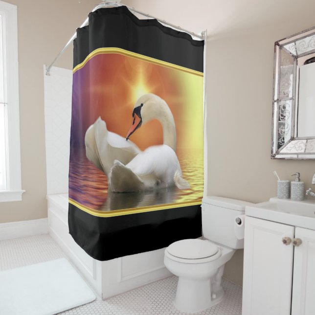 White Swan in a lake with a orange gold sunset Shower Curtain (In Situ)