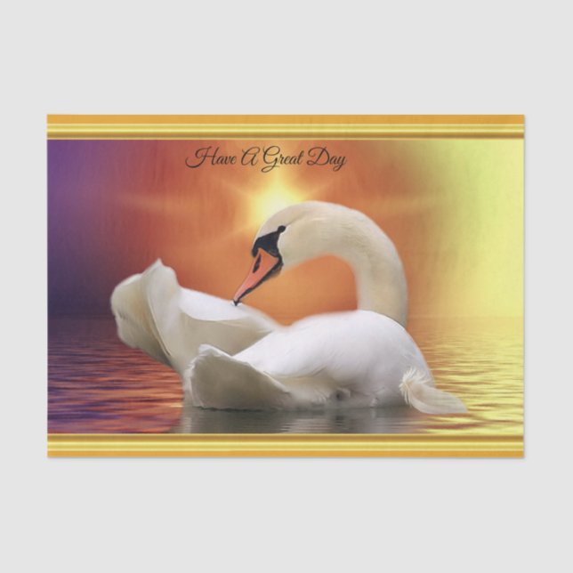 White Swan in a lake with a orange gold sunset Tissue Paper (Front)