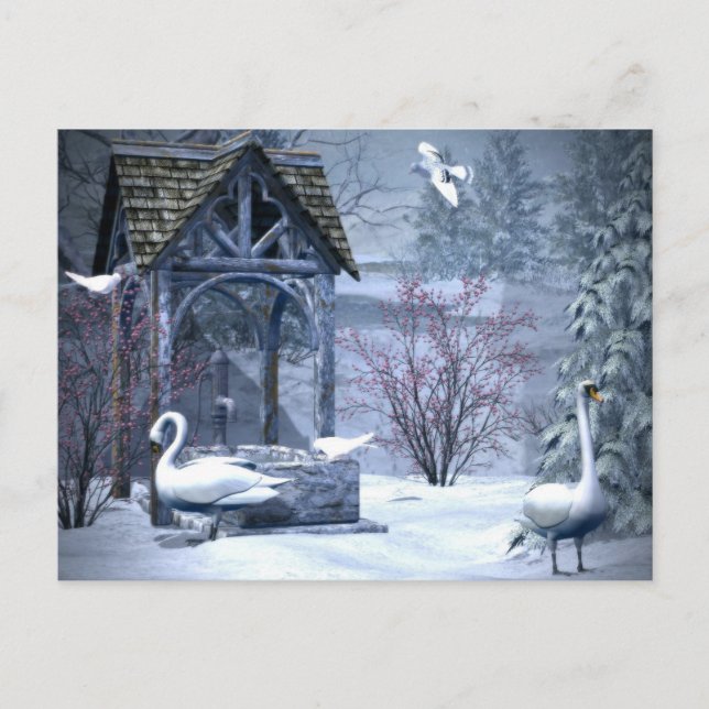 White Swan In Snowing Christmas Winter Postcard (Front)