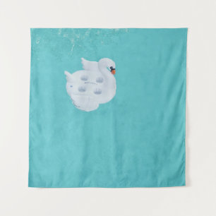 White swan inflatable on body of water tapestry