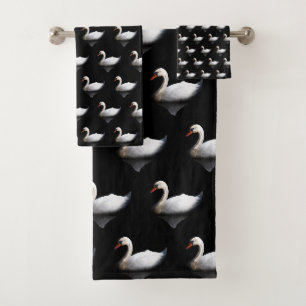 White swan on black bath towel set