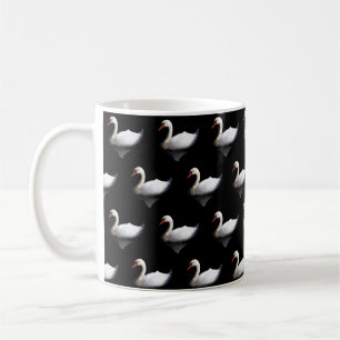 White swan on black coffee mug