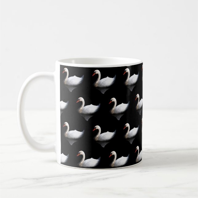 White swan on black coffee mug (Left)
