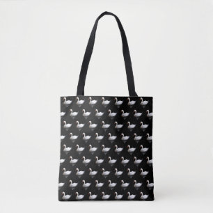 White swan on black tote bag
