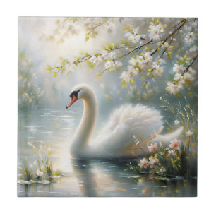 White Swan on Lake Floral Painting Ceramic Tile