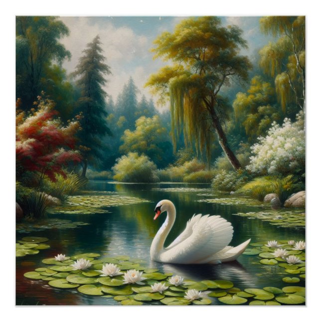White Swan on Lake Impressionism Decoupage Poster (Front)