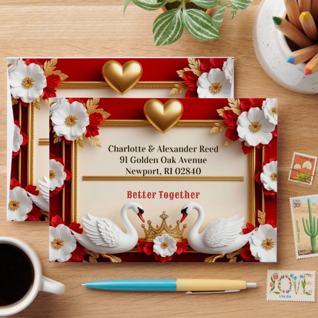 💍 White Swan Pearl Red Gold Wedding Theme 🦢 Envelope (Desk)
