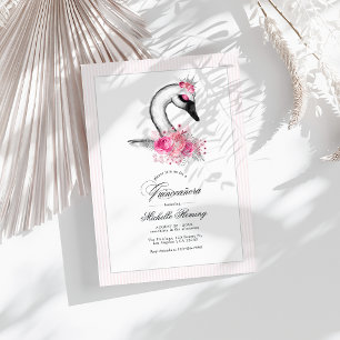 White Swan Pink Floral Quinceañera Photo Invitation
