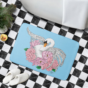 White Swan Pink Flowers Bath Mat