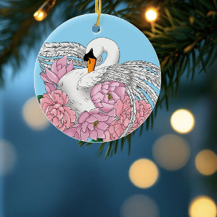 White Swan Pink Flowers Ceramic Ornament