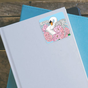 White Swan Pink Flowers Square Sticker