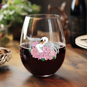 White Swan Pink Flowers Stemless Wine Glass