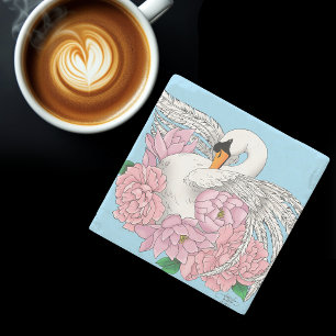 White Swan Pink Flowers Stone Coaster