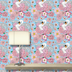 White Swan Pink Flowers Wallpaper