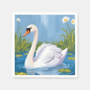 White Swan Pond Watercolor Bird Painting Napkin