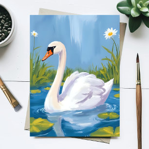 White Swan Pond Watercolor Bird Painting Postcard