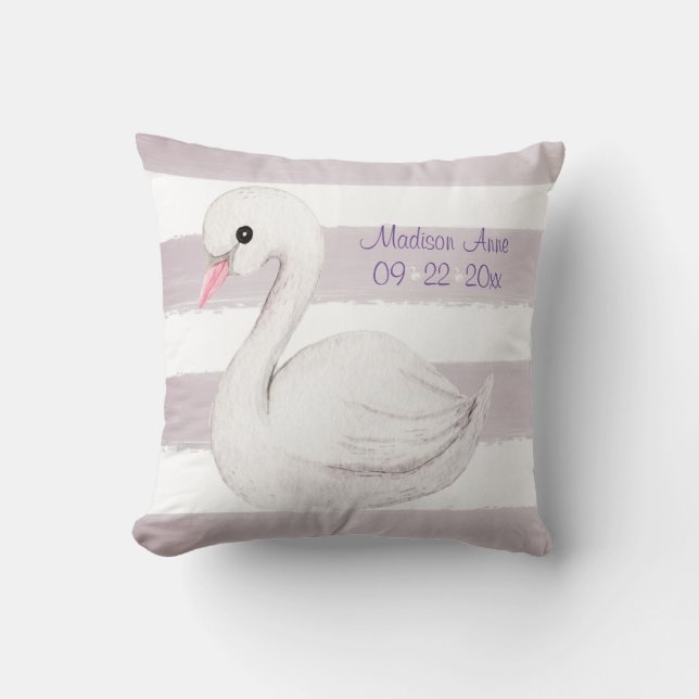 White Swan Purple Script Personalise Girl Birth Cushion (Front)