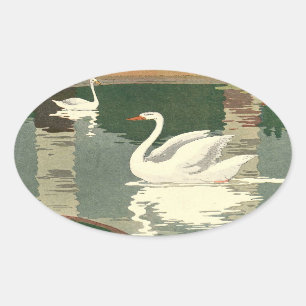 White Swan Reflected on the Lake Oval Sticker
