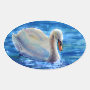 White swan watercolor painting oval sticker