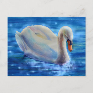 White swan watercolor painting  postcard