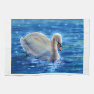 White swan watercolor painting tea towel