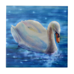 White swan watercolor painting, waterfowl, bird ceramic tile