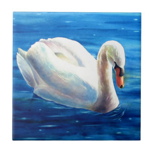 White swan watercolor painting, waterfowl, bird ceramic tile
