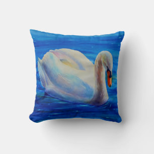White swan watercolor painting, waterfowl, bird cushion