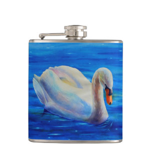 White swan watercolor painting, waterfowl, bird hip flask