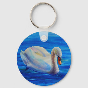 White swan watercolor painting, waterfowl, bird key ring