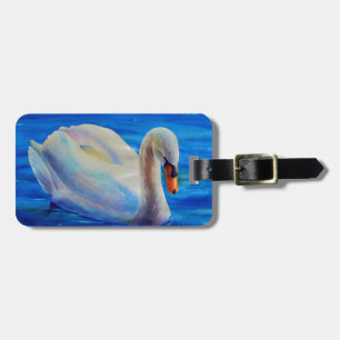 White swan watercolor painting, waterfowl, bird luggage tag