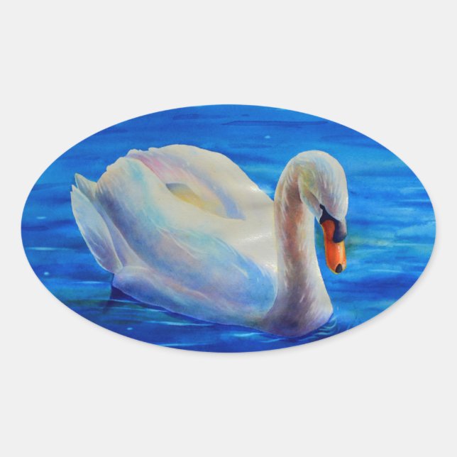 White swan watercolor painting, waterfowl, bird oval sticker (Front)